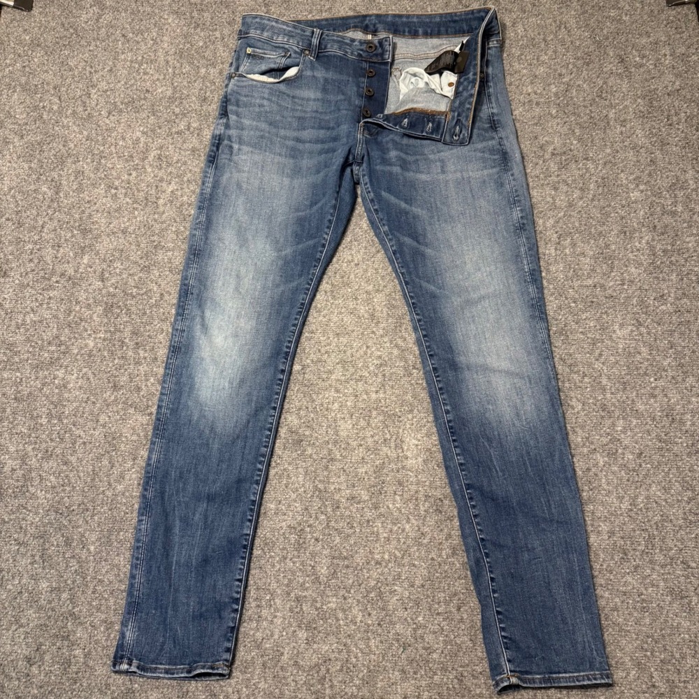 G-Star RAW 3301 Slim Fit Jeans Men's 36x34 (Fits 36x32) Blue Denim Button Fly